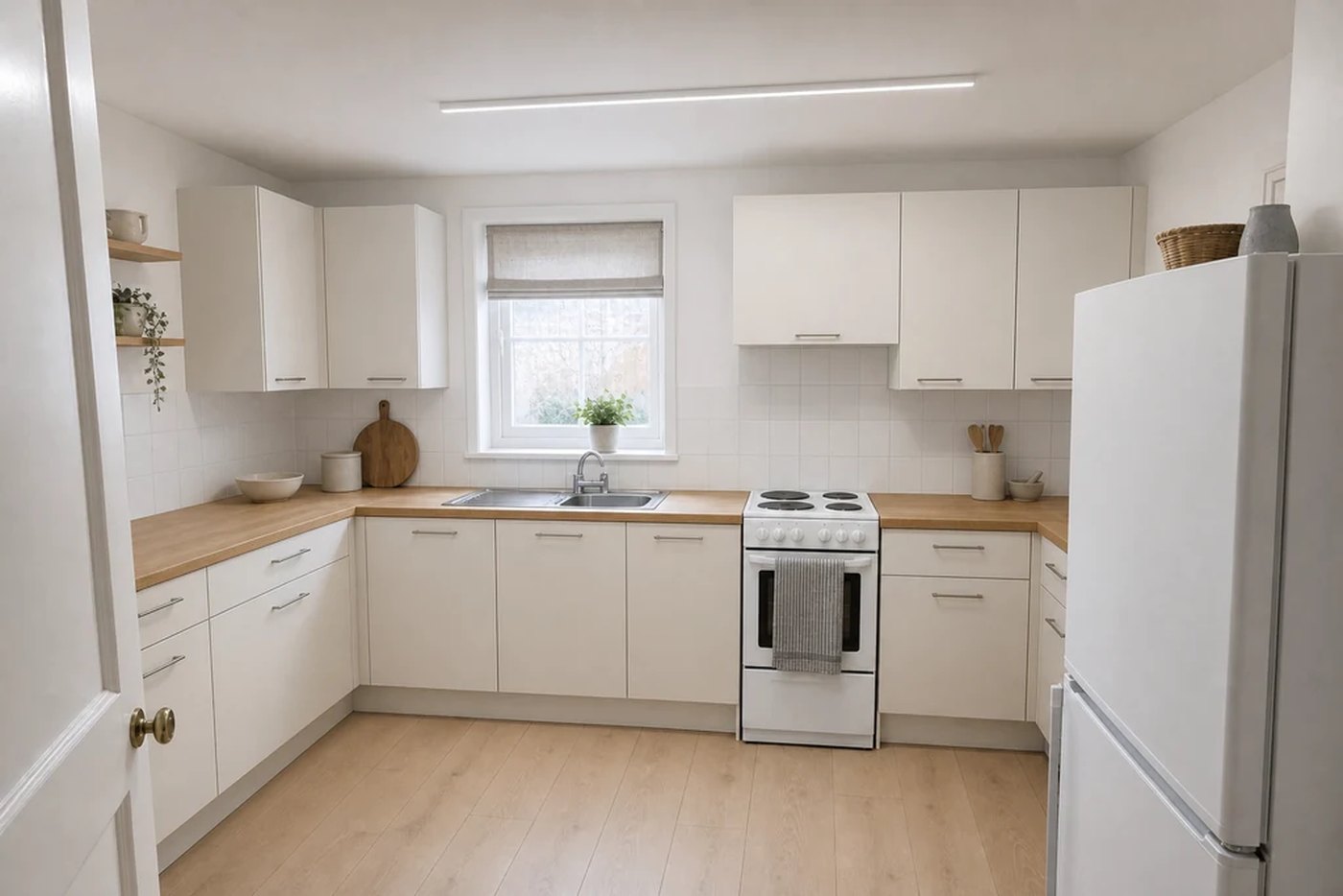 The same kitchen restyled: pale cabinet fronts, wood worktop, light floor.