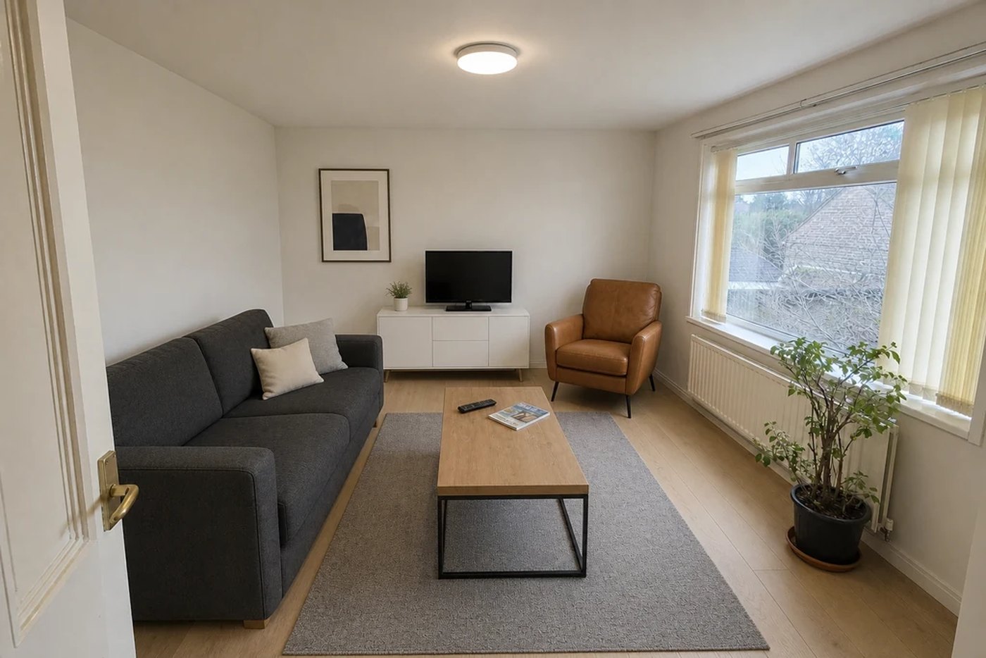 The same living room restyled in a modern look.